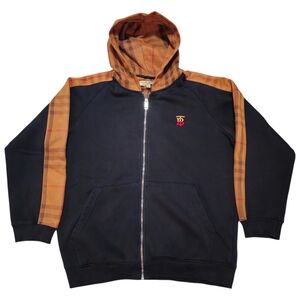 Burberry Black Wool & Cotton Check Trim Zip-Up Hoodie With Monogram Logo